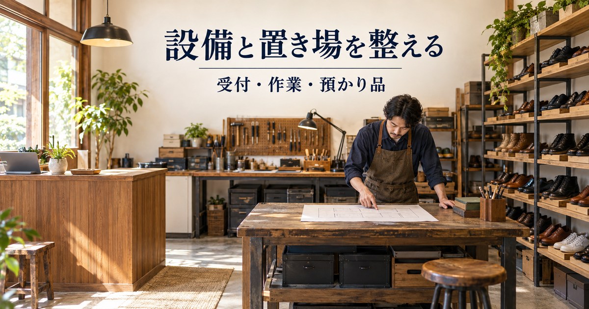 受付と作業場所、靴の保管棚を分けて計画する架空の店舗