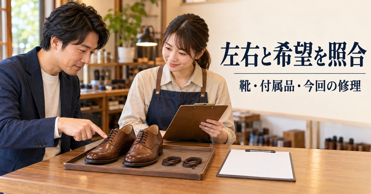 受付で左右の靴と付属品、依頼内容を照合する架空の場面