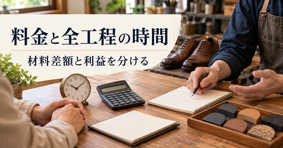 靴修理の材料費と接客を含む作業時間を机上で計画する架空の場面