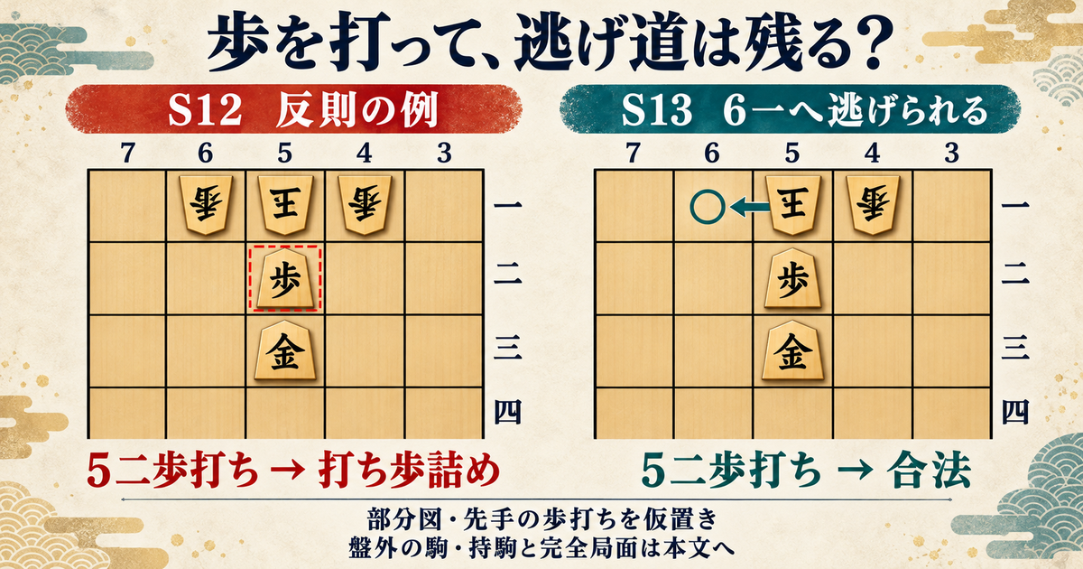 S12とS13の部分図で、先手が5二へ歩を仮置きした比較。S12は打ち歩詰めの反則例、S13は6一が空いて後手玉が逃げられる。盤外の駒と持駒は本文に示す。