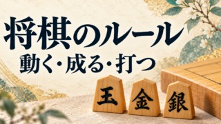 「将棋のルール」「動く・成る・打つ」の文字と、将棋盤の端に添えた王・金・銀の駒。