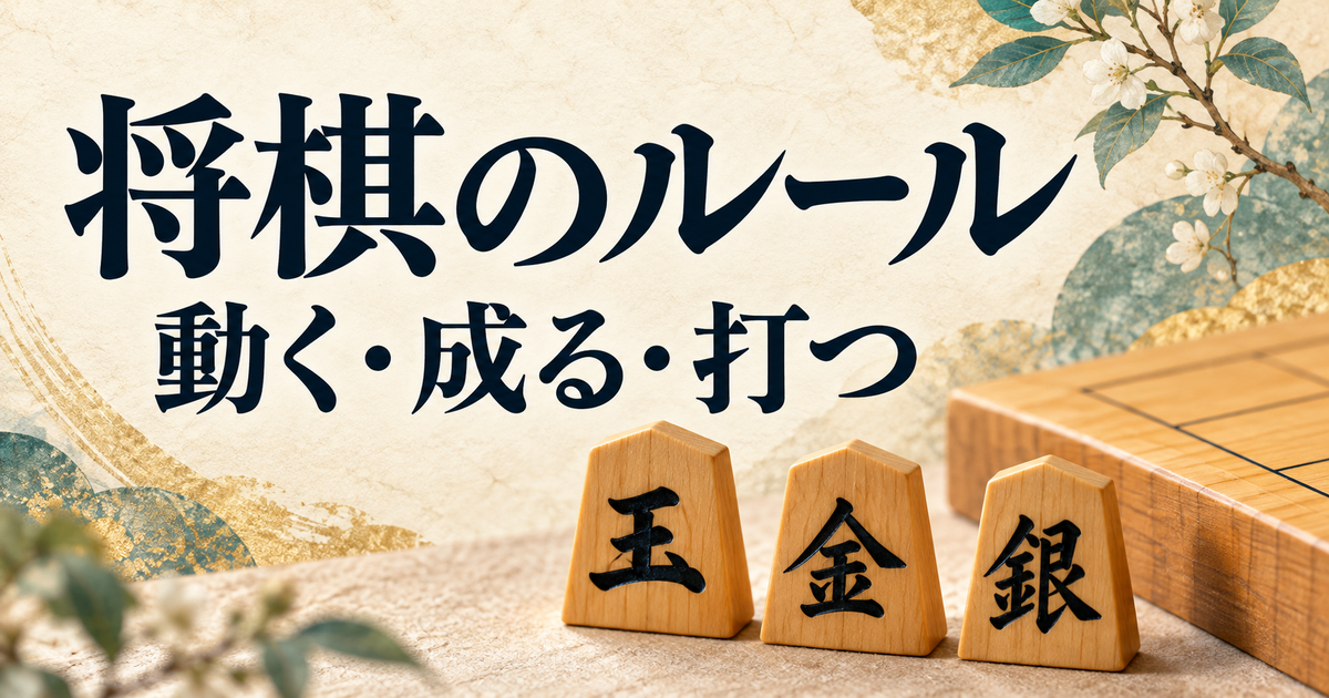 「将棋のルール」「動く・成る・打つ」の文字と、将棋盤の端に添えた王・金・銀の駒。