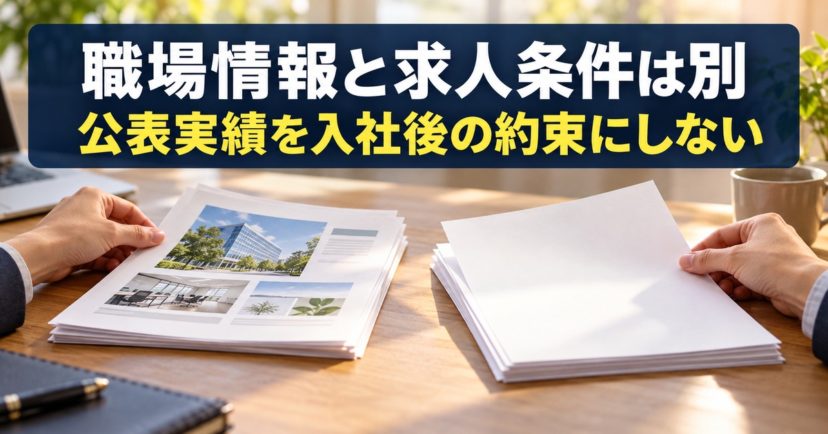 職場情報と求人条件の資料を別々に置く写真調概念イメージ。「職場情報と求人条件は別/公表実績を入社後の約束にしない」の説明文字付き