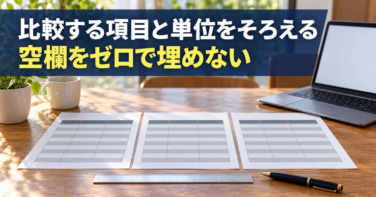 三枚の同じ項目の表を照合する写真調概念イメージ。「比較する項目と単位をそろえる/空欄をゼロで埋めない」の説明文字付き