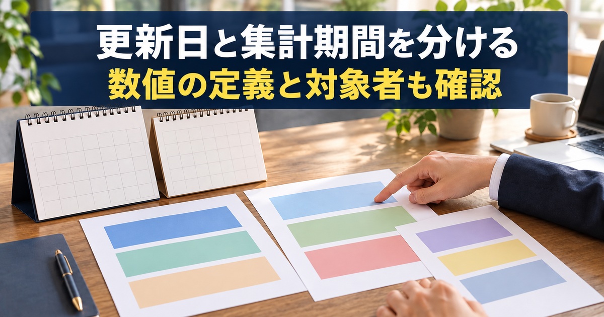 二つの無記名カレンダーと資料で時点と期間を区別する写真調概念イメージ。「更新日と集計期間を分ける/数値の定義と対象者も確認」の説明文字付き