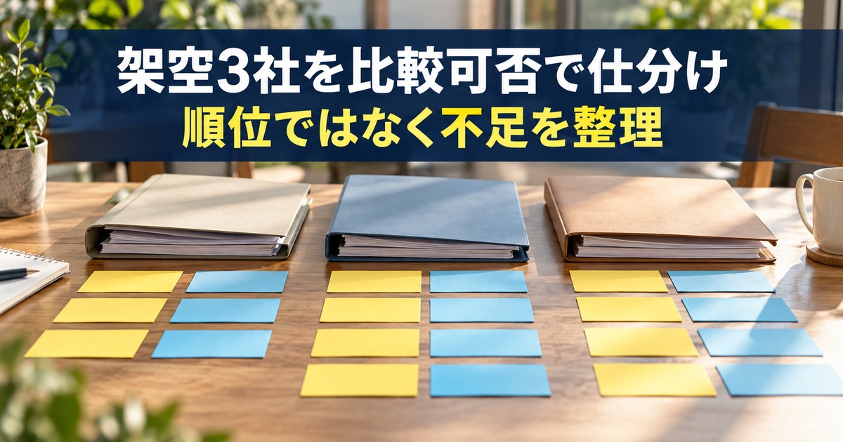三社の資料を比較できる範囲ごとに整理する写真調概念イメージ。「架空3社を比較可否で仕分け/順位ではなく不足を整理」の説明文字付き