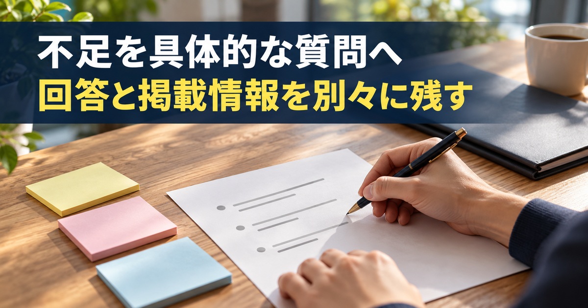 不足事項の質問と回答の欄を分ける写真調概念イメージ。「不足を具体的な質問へ/回答と掲載情報を別々に残す」の説明文字付き