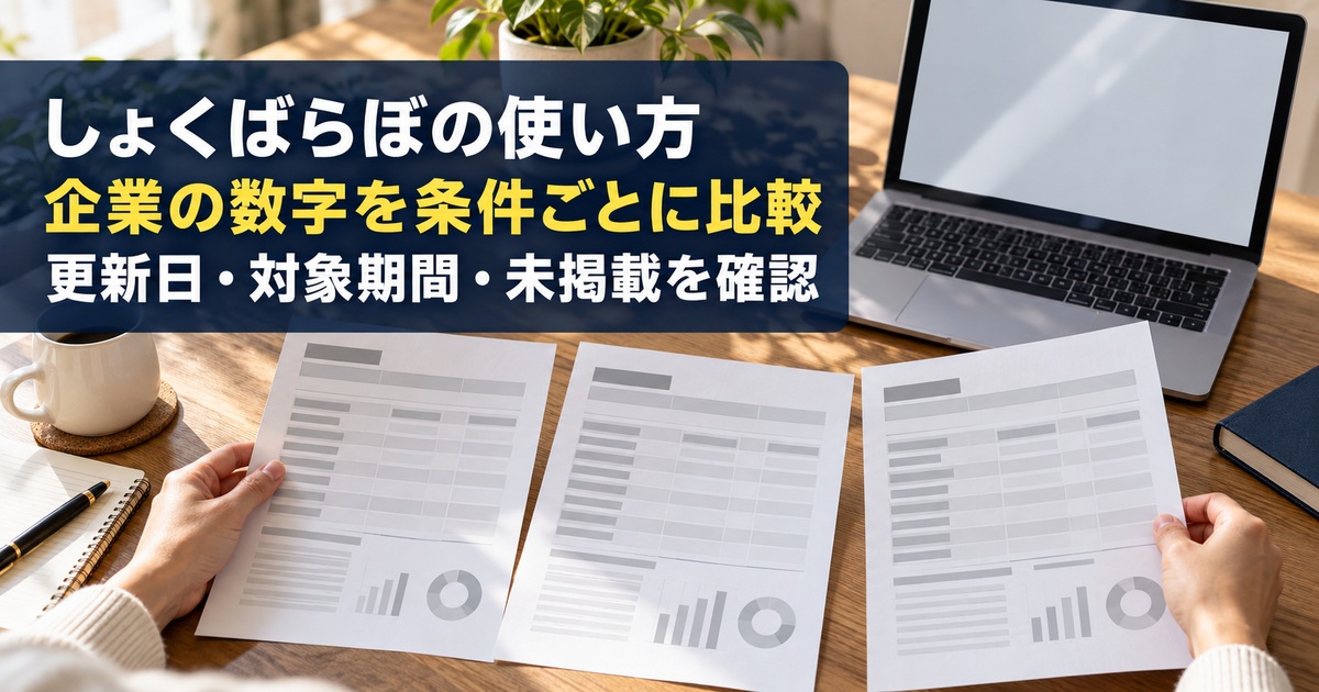 三社の研究メモを机に並べて企業情報を比較する写真調概念イメージ。「しょくばらぼの使い方／企業の数字を条件ごとに比較／更新日・対象期間・未掲載を確認」の説明文字付き