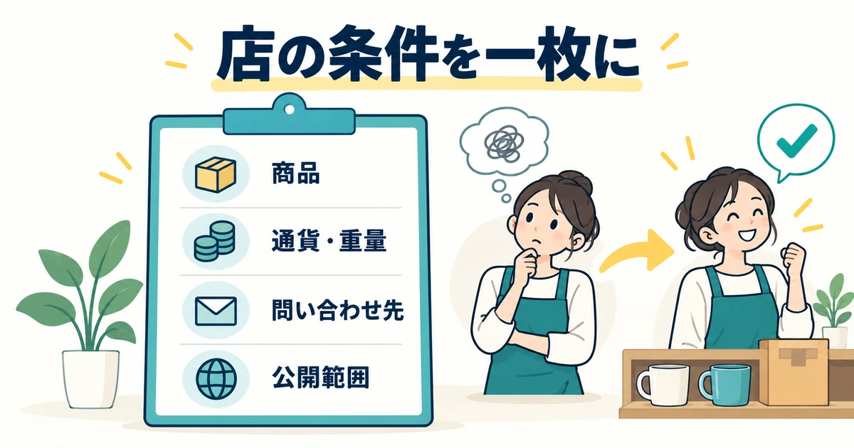 商品、通貨と重量、問い合わせ先、公開範囲を一枚の条件表へそろえる図