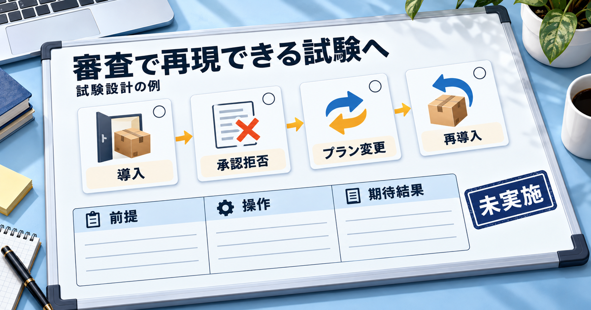 アプリ審査用に導入や課金変更の前提、操作、期待結果をそろえる図