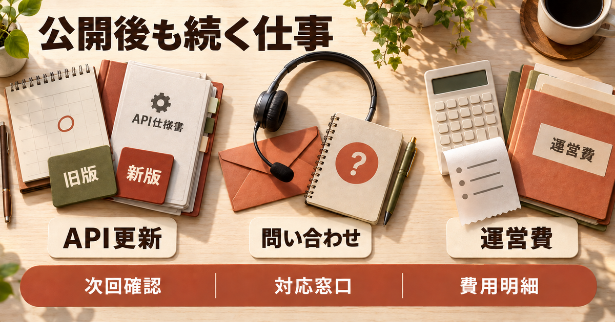 公開後のAPI更新、問い合わせ対応、運営費を継続して確認する運用図