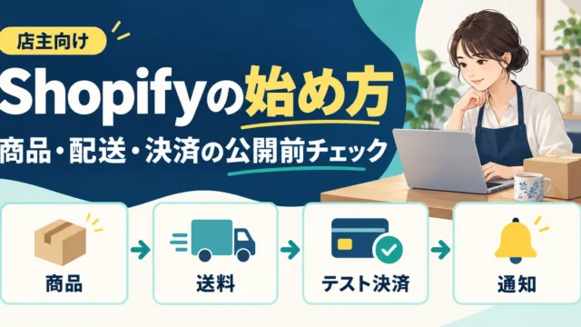 Shopifyの店主向けに商品、送料、テスト決済、通知の公開前確認を整理したイメージ
