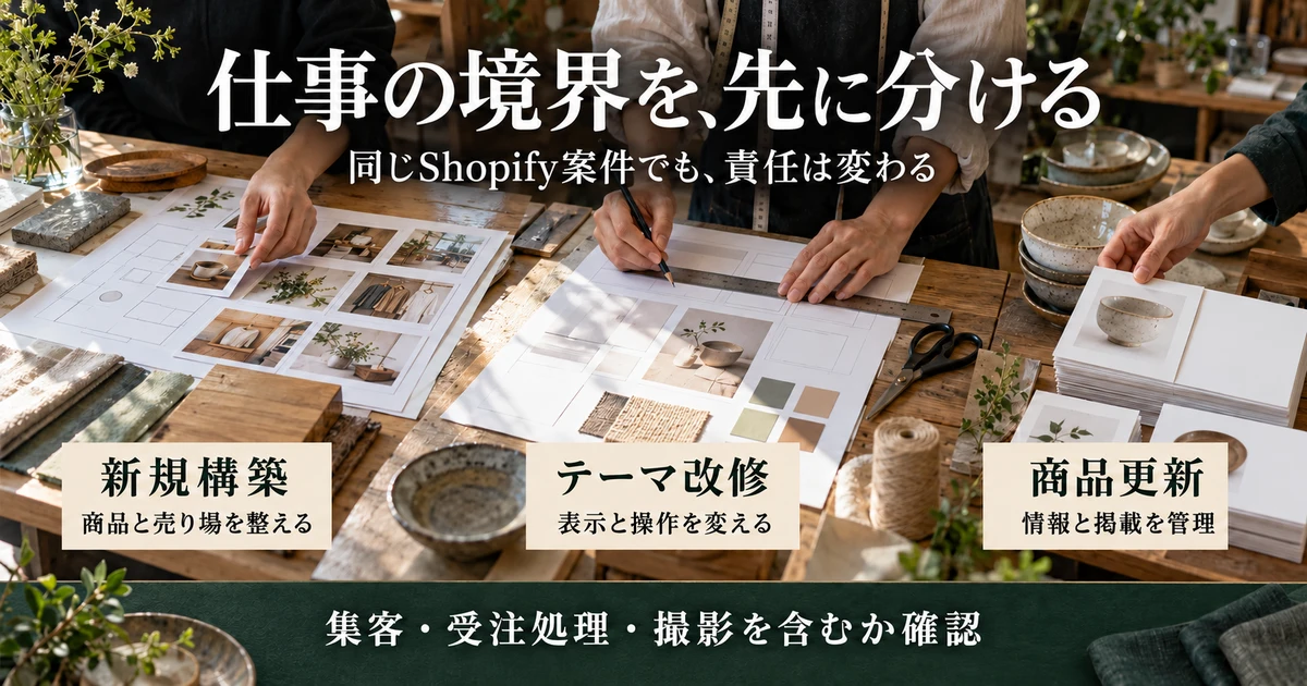 Shopifyの新規構築、テーマ改修、商品更新の違いを並列で示す生成画像