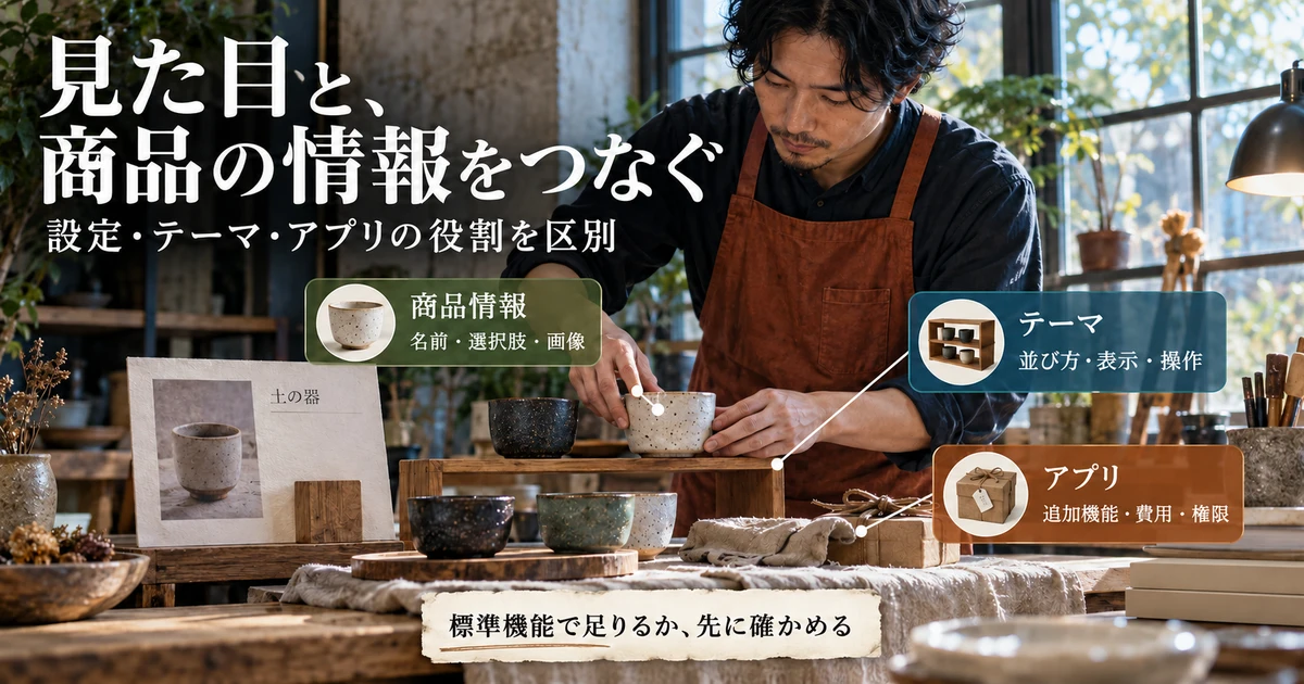 商品情報、テーマ、アプリの役割を店の商品展示で説明する生成画像