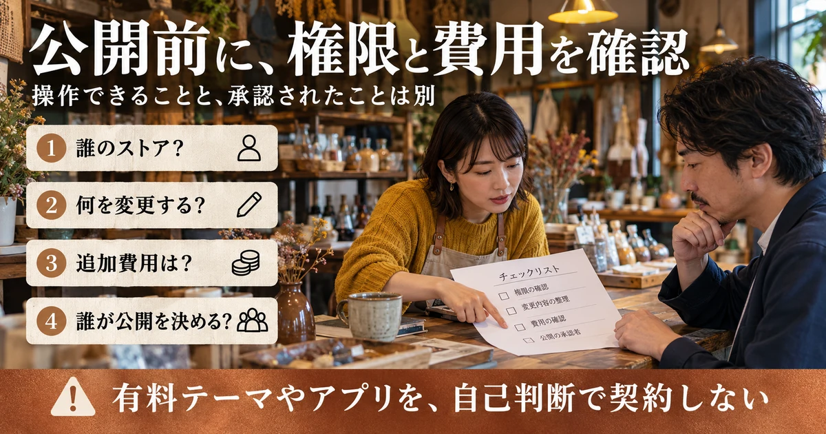 Shopifyストアの所有者、変更範囲、追加費用、公開の承認者を確認する生成画像