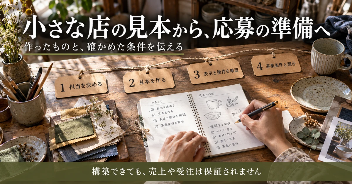 担当決定、見本制作、表示と操作の確認、募集条件との照合を示す生成画像