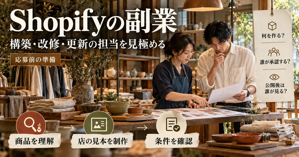 Shopify副業の構築、改修、更新の担当と公開条件を考える説明用生成画像
