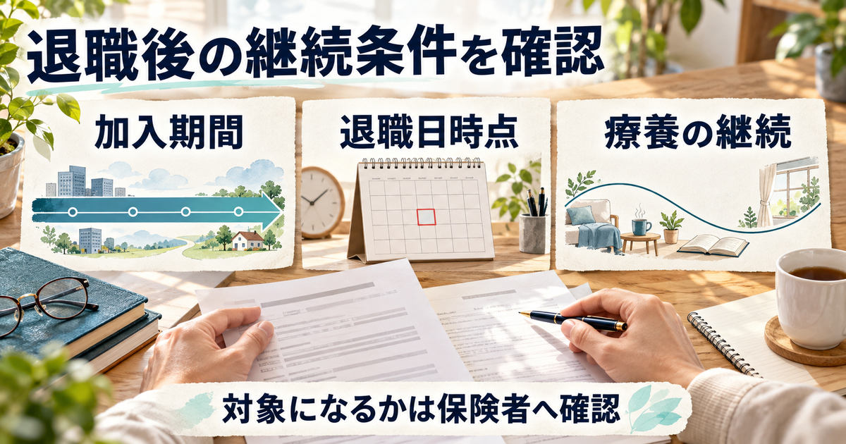 加入期間、退職日時点の状態、療養の継続を資料で確認する三つの観点