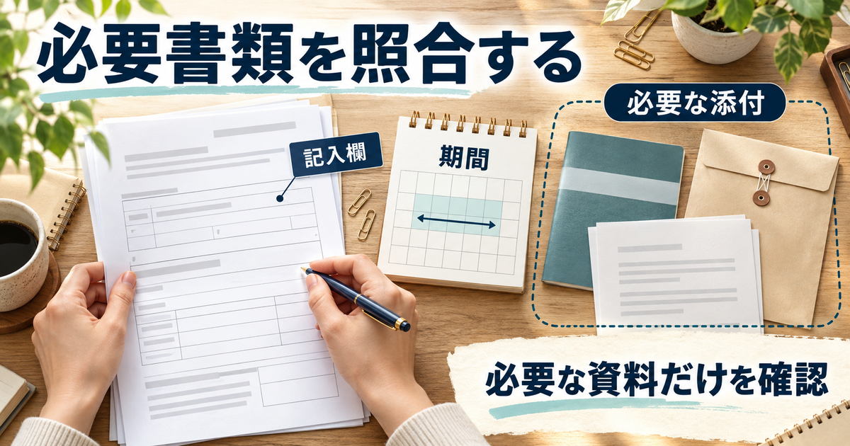 申請期間と本人記入欄、必要な添付書類を照合する机上の資料