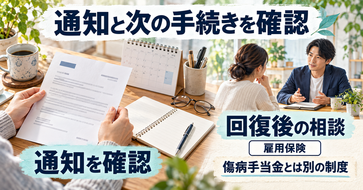 支給通知と療養状況を確かめ、回復後の雇用保険の相談につなぐイメージ