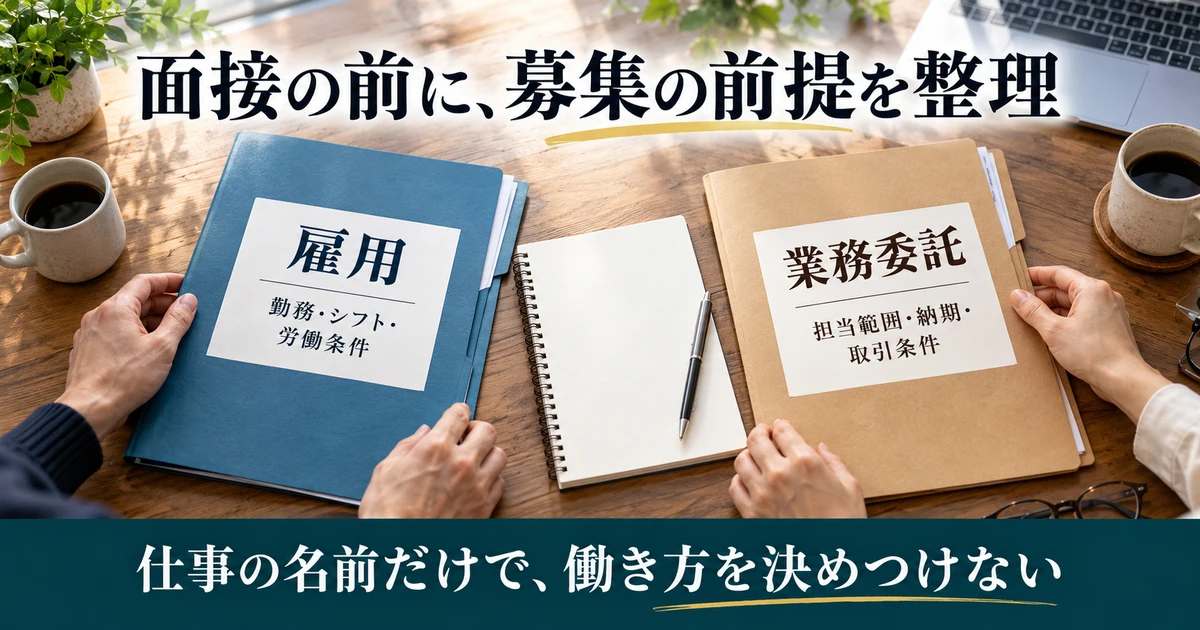 副業の雇用と業務委託の前提を分けて確認する説明用生成画像