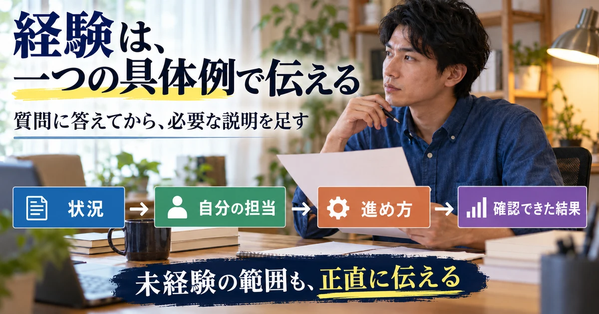状況、自分の担当、進め方、確認できた結果の順に経験を話す説明用生成画像