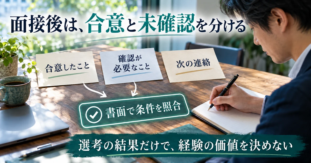 面接後の合意と未確認を分けて書面条件を照合する説明用生成画像
