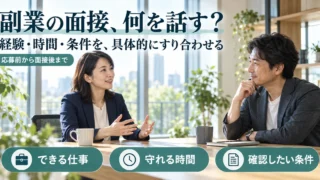 副業の面接でできる仕事、守れる時間、確認したい条件を伝える説明用生成画像