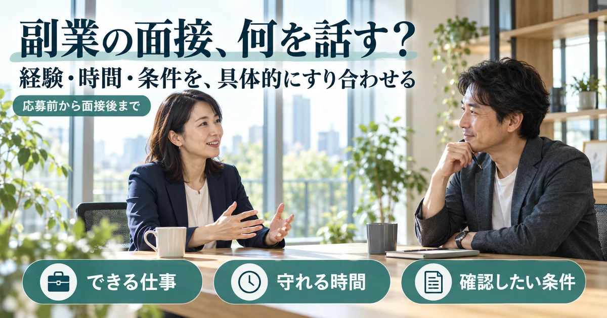 副業の面接でできる仕事、守れる時間、確認したい条件を伝える説明用生成画像