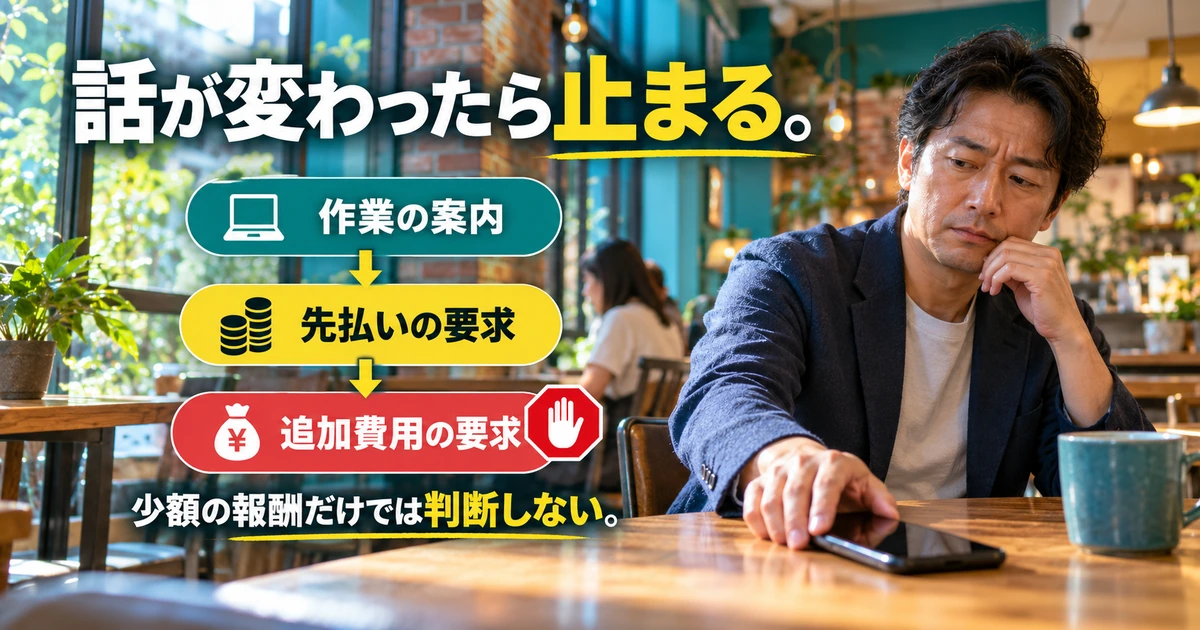 仕事の話が入金や借入の要求に変わる点に注意する生成イメージ