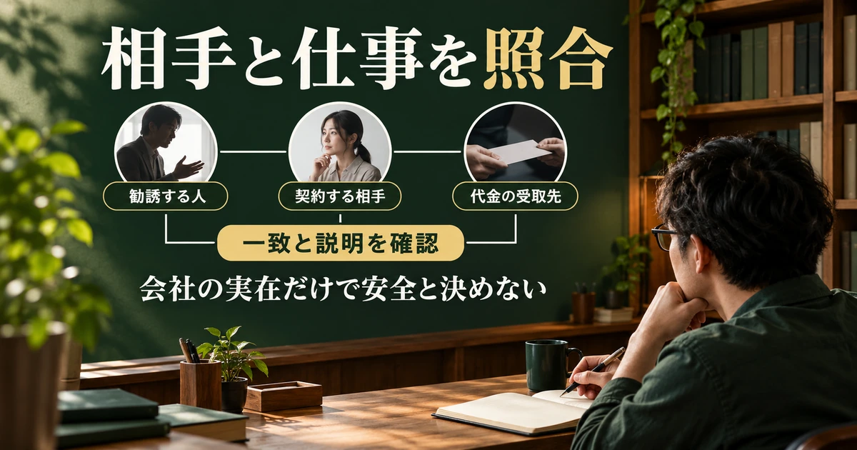 勧誘者と契約相手と入金先を照らし合わせる生成イメージ