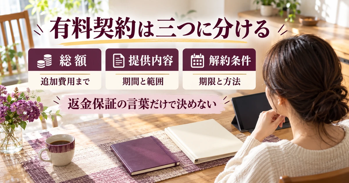 有料サポートの総額と内容と解約条件を分けて確認する生成イメージ