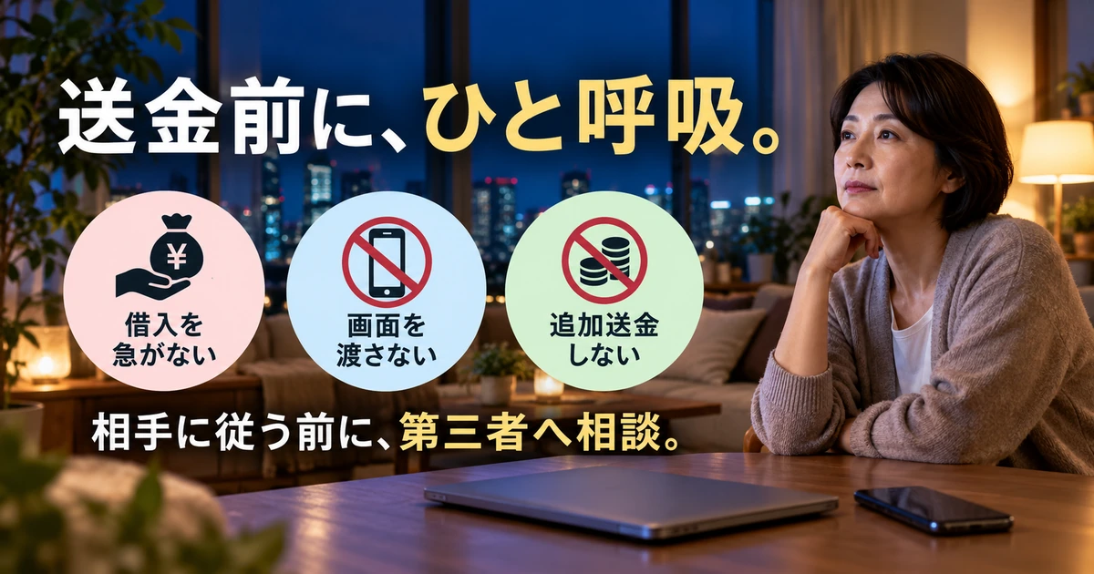 送金・借入・画面共有を急がず止める判断を示す生成イメージ