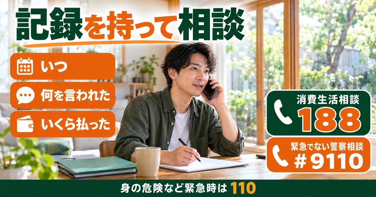 不安な副業取引の記録をまとめて消費生活相談や警察へつなぐ生成イメージ