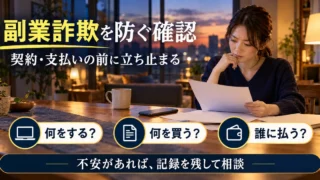 副業の勧誘を前に仕事・契約・支払を落ち着いて確認する生成イメージ