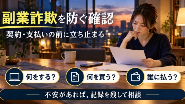 副業の勧誘を前に仕事・契約・支払を落ち着いて確認する生成イメージ