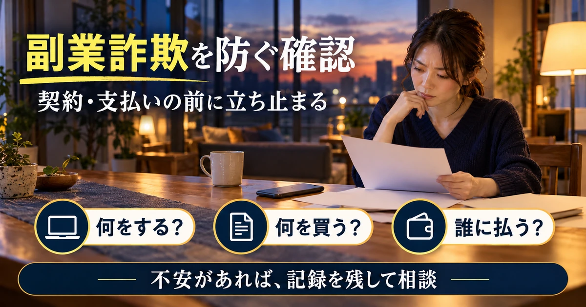 副業の勧誘を前に仕事・契約・支払を落ち着いて確認する生成イメージ