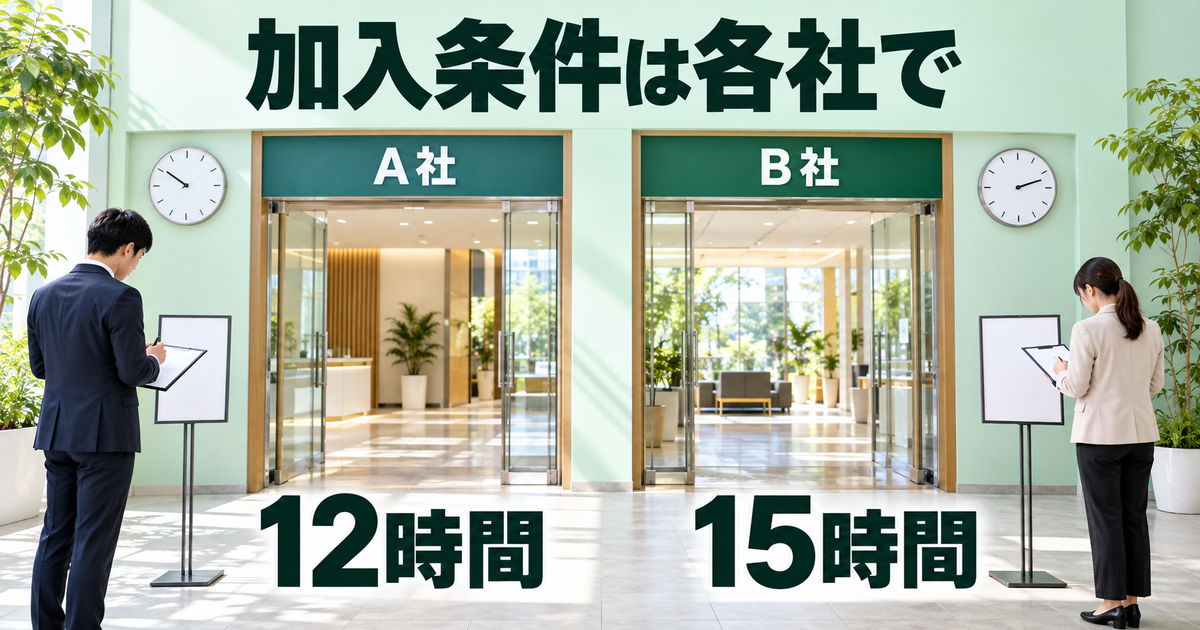 A社の週12時間とB社の週15時間を合算せず、加入条件を勤務先ごとに確認するイメージ