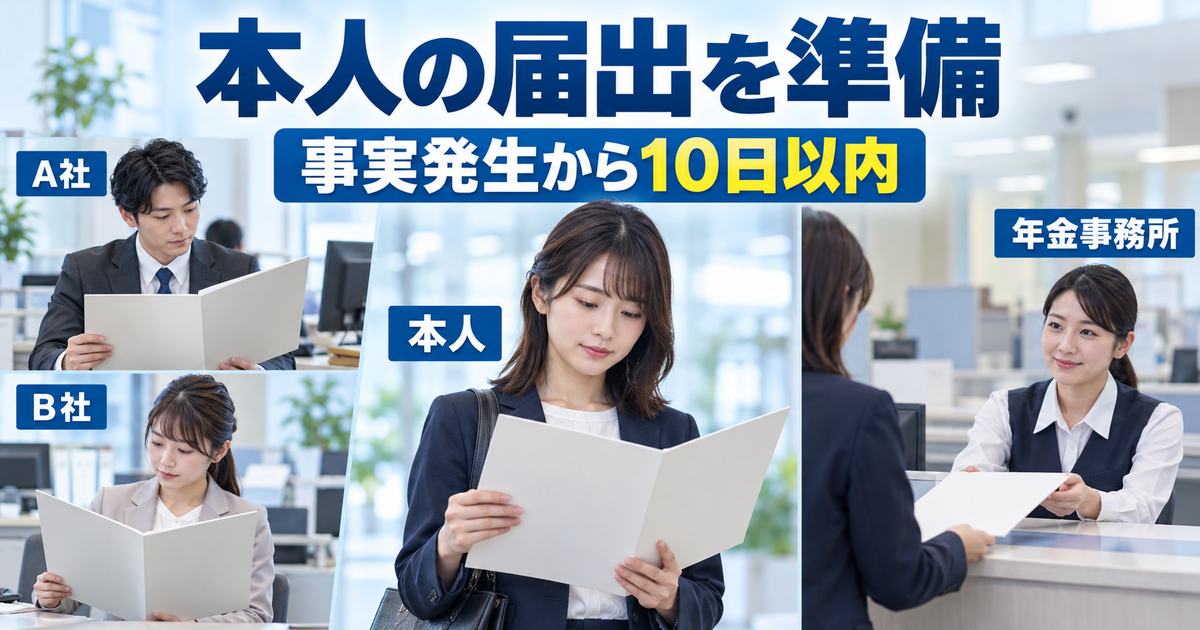 A社・B社と本人、年金事務所の役割を分け、事実発生から10日以内の届出を準備する図
