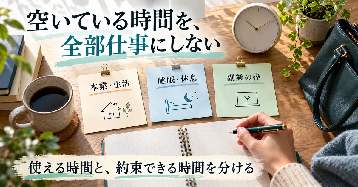 本業と生活、睡眠と休息、副業の枠を分ける説明用生成画像