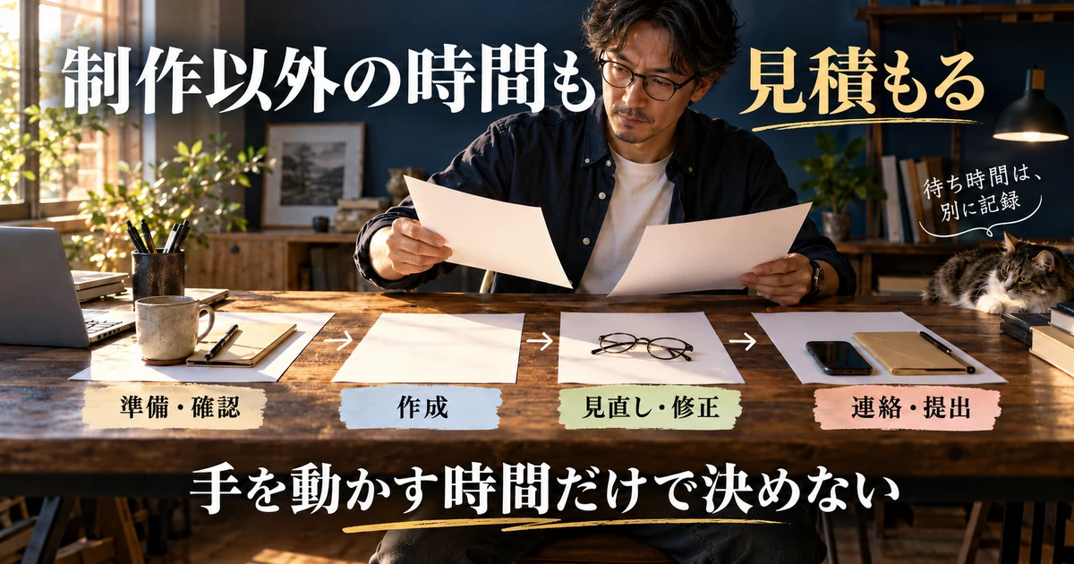 準備確認、作成、見直し修正、連絡提出の全工程を見積もる説明用生成画像