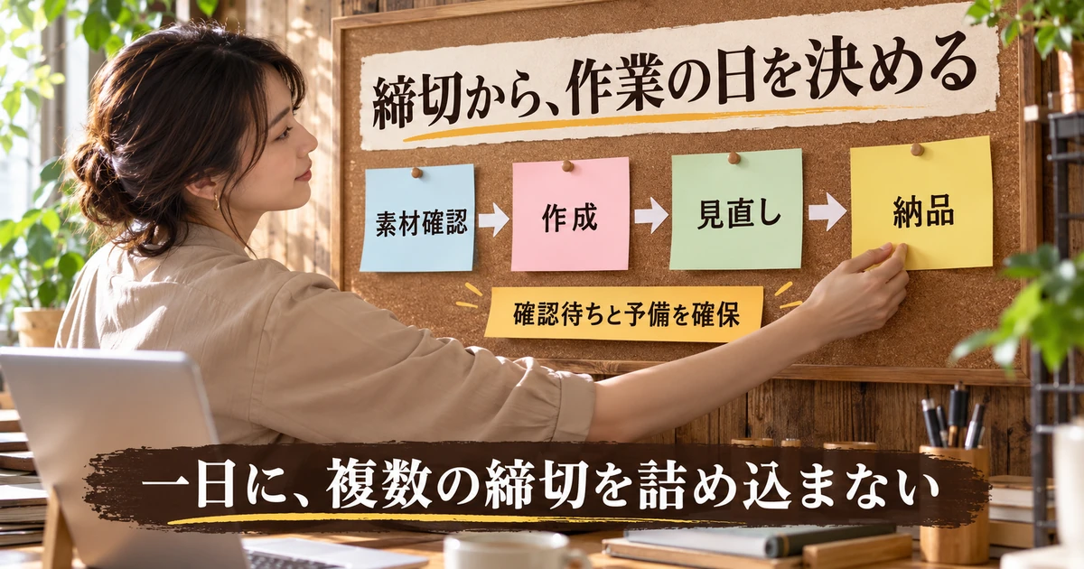素材確認から作成、見直し、納品へ作業日を並べる説明用生成画像