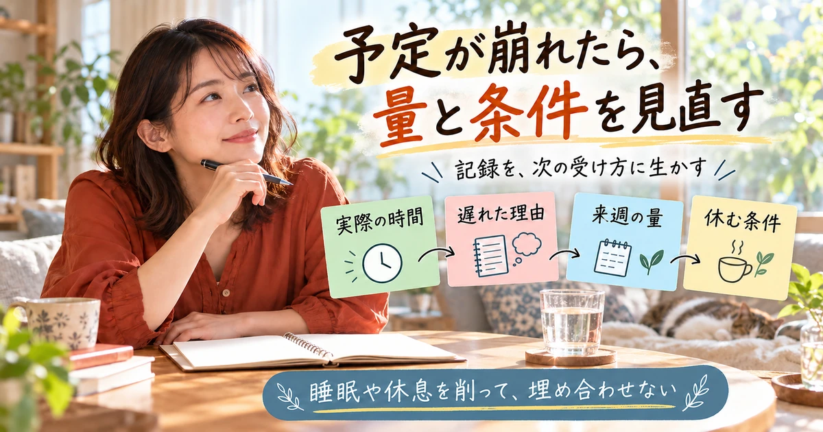 実際の時間と遅れた理由から来週の量と休む条件を見直す説明用生成画像