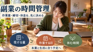 副業の時間管理で受ける量、作業する日、休む時間を整理する説明用生成画像