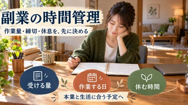 副業の時間管理で受ける量、作業する日、休む時間を整理する説明用生成画像
