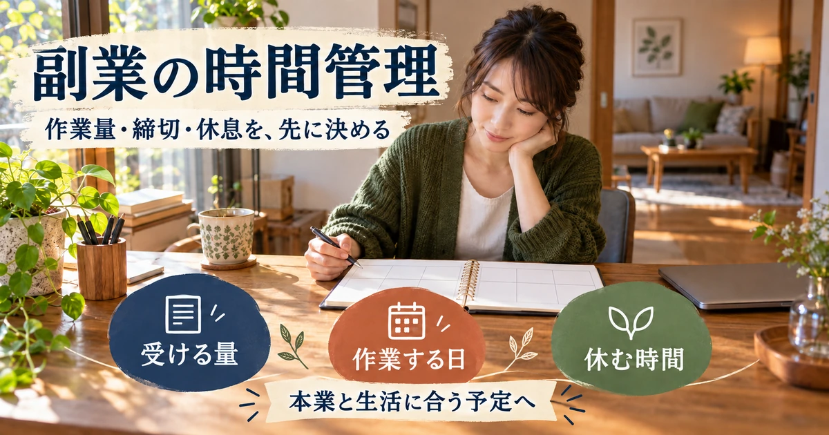 副業の時間管理で受ける量、作業する日、休む時間を整理する説明用生成画像