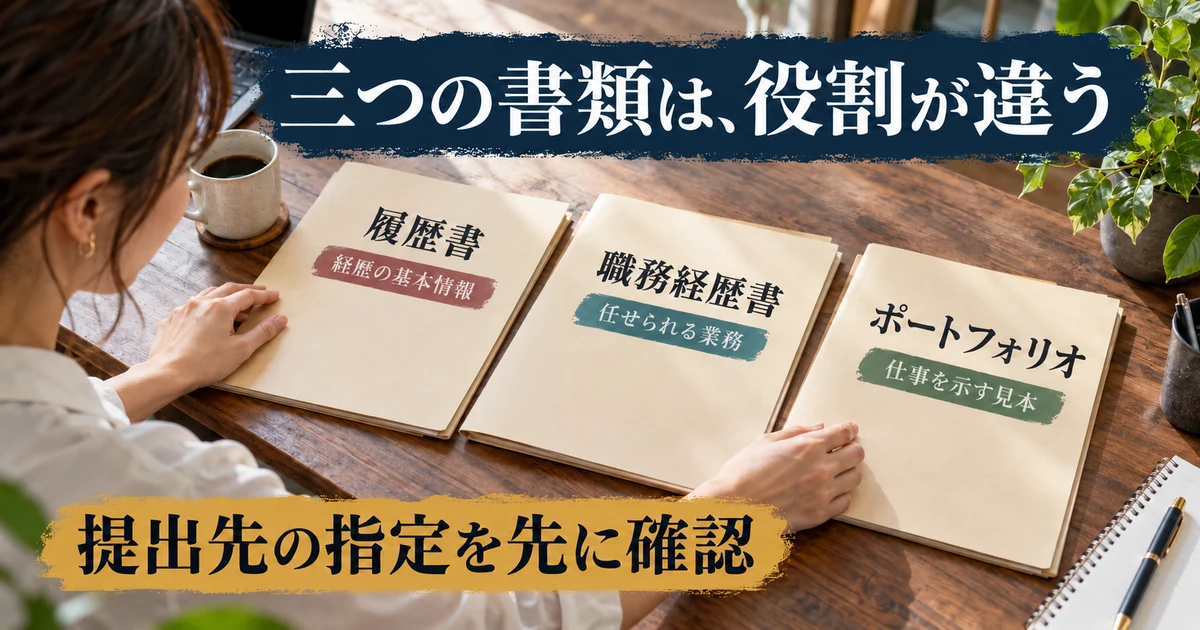 履歴書、職務経歴書、ポートフォリオの目的を三つのフォルダで示す説明用生成画像
