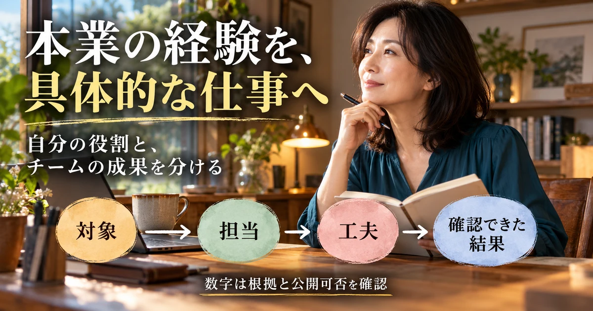 本業の経験を対象、担当、工夫、確認できた結果に分ける説明用生成画像