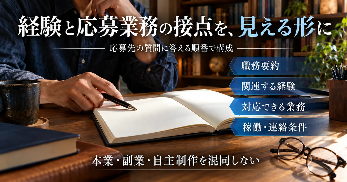 職務要約、関連経験、対応業務、稼働連絡条件の構成を示す説明用生成画像