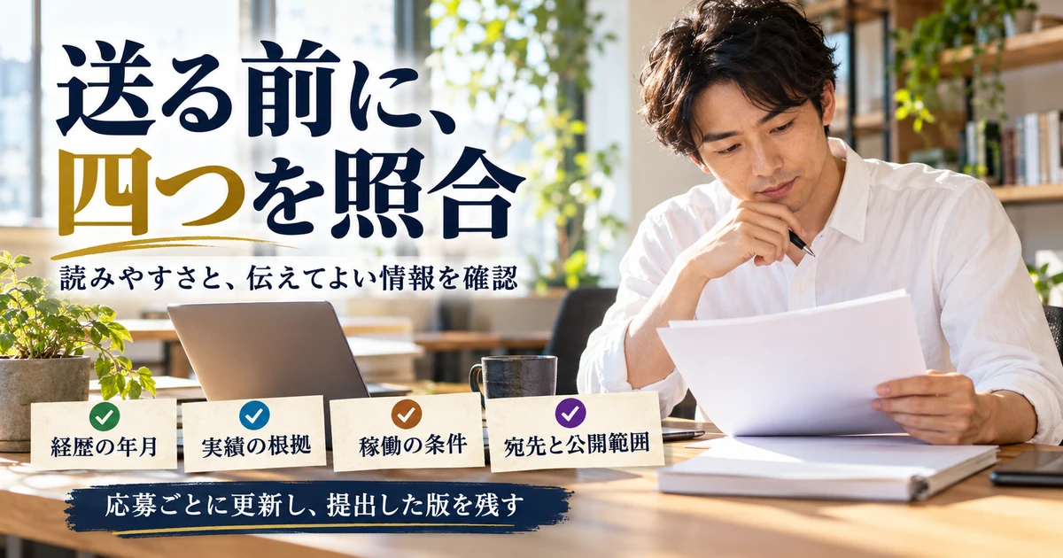 副業応募書類の年月、実績、稼働、宛先と公開範囲を確認する説明用生成画像